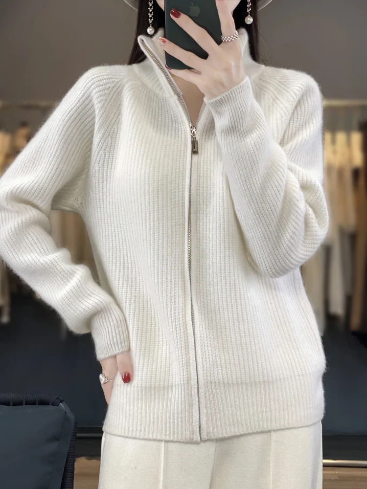 Women’s Zippers Sweater Cardigans Warm Thick Striped Raglan Sleeve Cashmere Casual 100% Merino Wool Knitwear Tops Autumn Winter