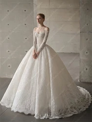 Vestido de novia esponjoso de manga larga para mujer, vestido de novia con hombros descubiertos, Apliques de encaje, falda de palacio Extra grande, dobladillo, vestidos de novia a medida