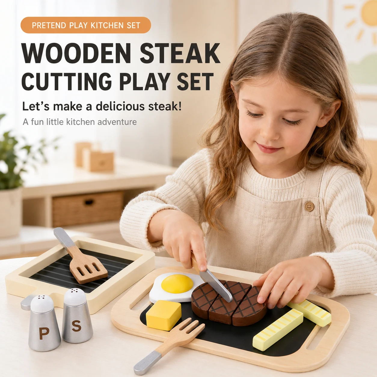 

Children's simulation fried steak toys, wooden simulation kitchen, steak, role-playing, early education educational toys