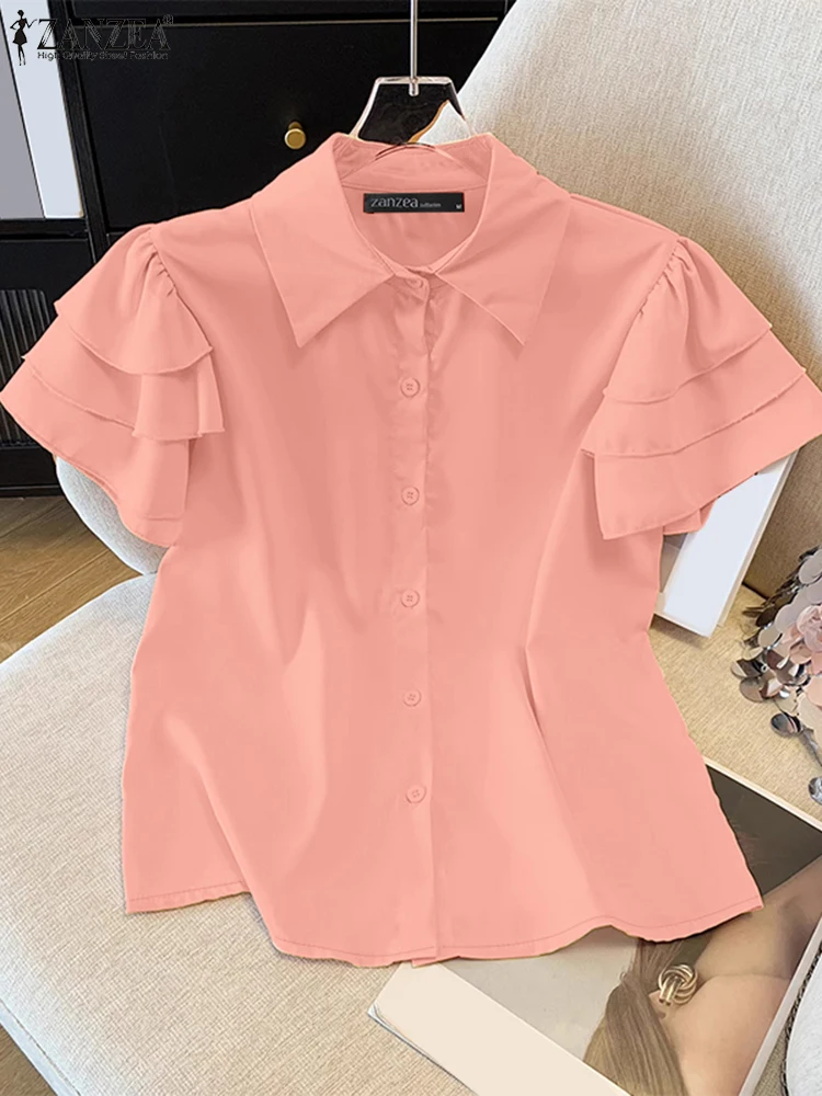 ZANZEA Camicie Casual da Donna Elegante Chic Maniche con Volant a Strati Bottoni con Colletto Camicie Femme Moda Estiva Tinta Unita Top