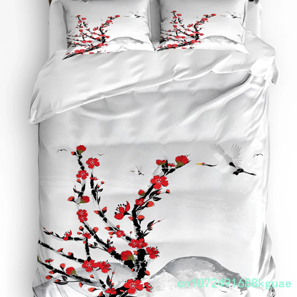 White Crane Pine Tree Art Printed Comfort Duvet Cover Pillow Case Home Textile Quilt Cover Boy Kid Teen Girl 3pcs Bedding Set