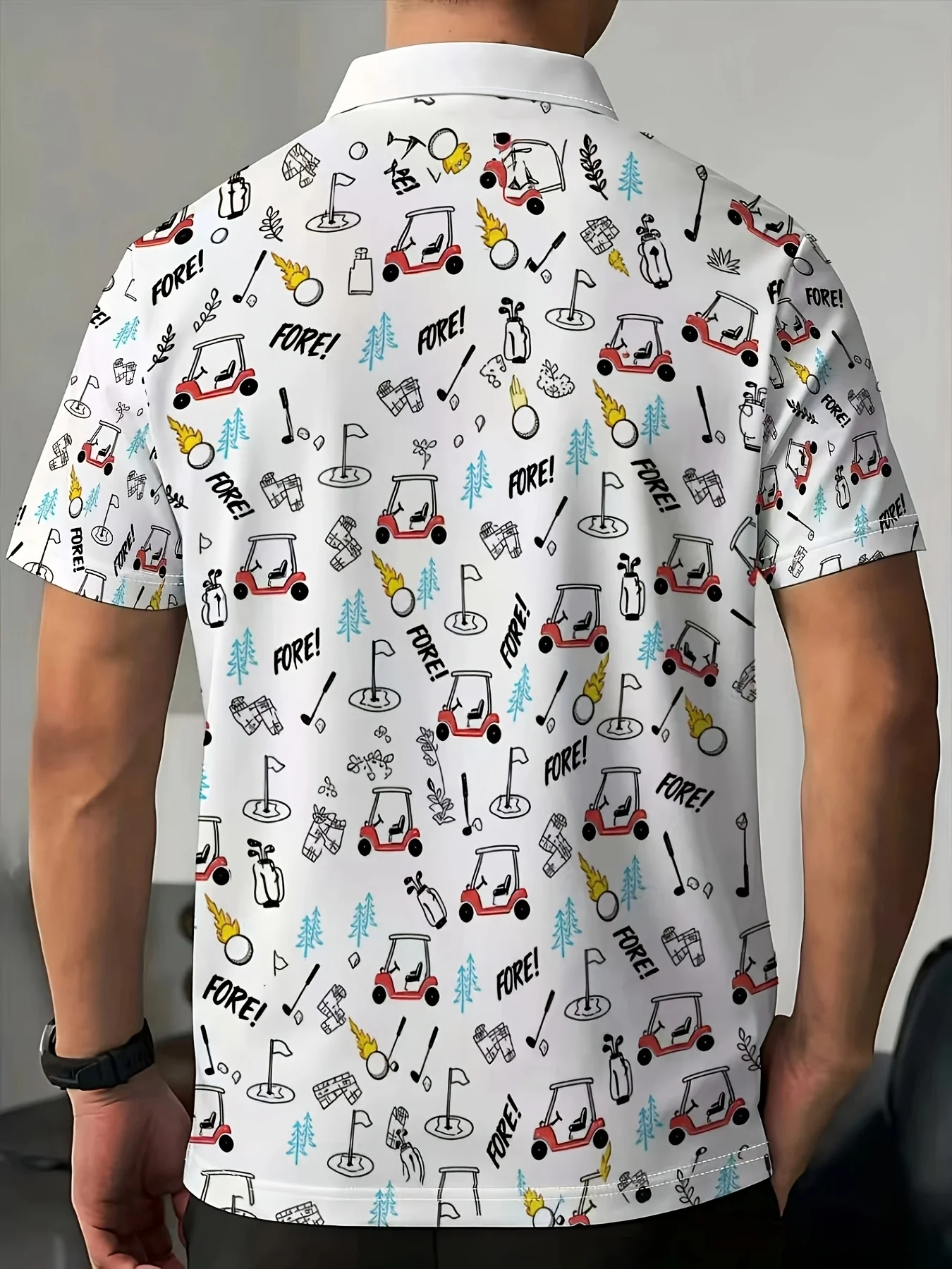 New men's short-sleeve polo shirt T-shirt, loose-fitting and tailored with printed patterns, versatile basic crew-neck top suita