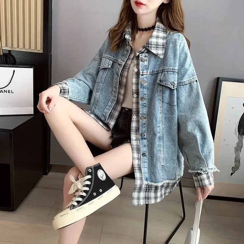 Pop Pop 2025 Spliced Denim Jacket Women's Spring Autumn Versatile Latest Korean Version Loose Fake Two-piece Jacket Denim Jacket
