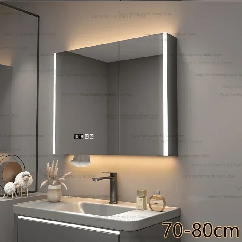 Modern Solid Wood Bathroom Smart Mirror Cabinet With Light Defogging Bathroom Furniture Beauty Mirror With Storage Locker