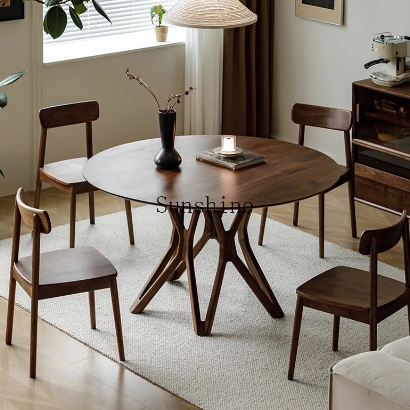 

North American dining table and chair combination, solid wood, round, Italian antique style, simple and modern