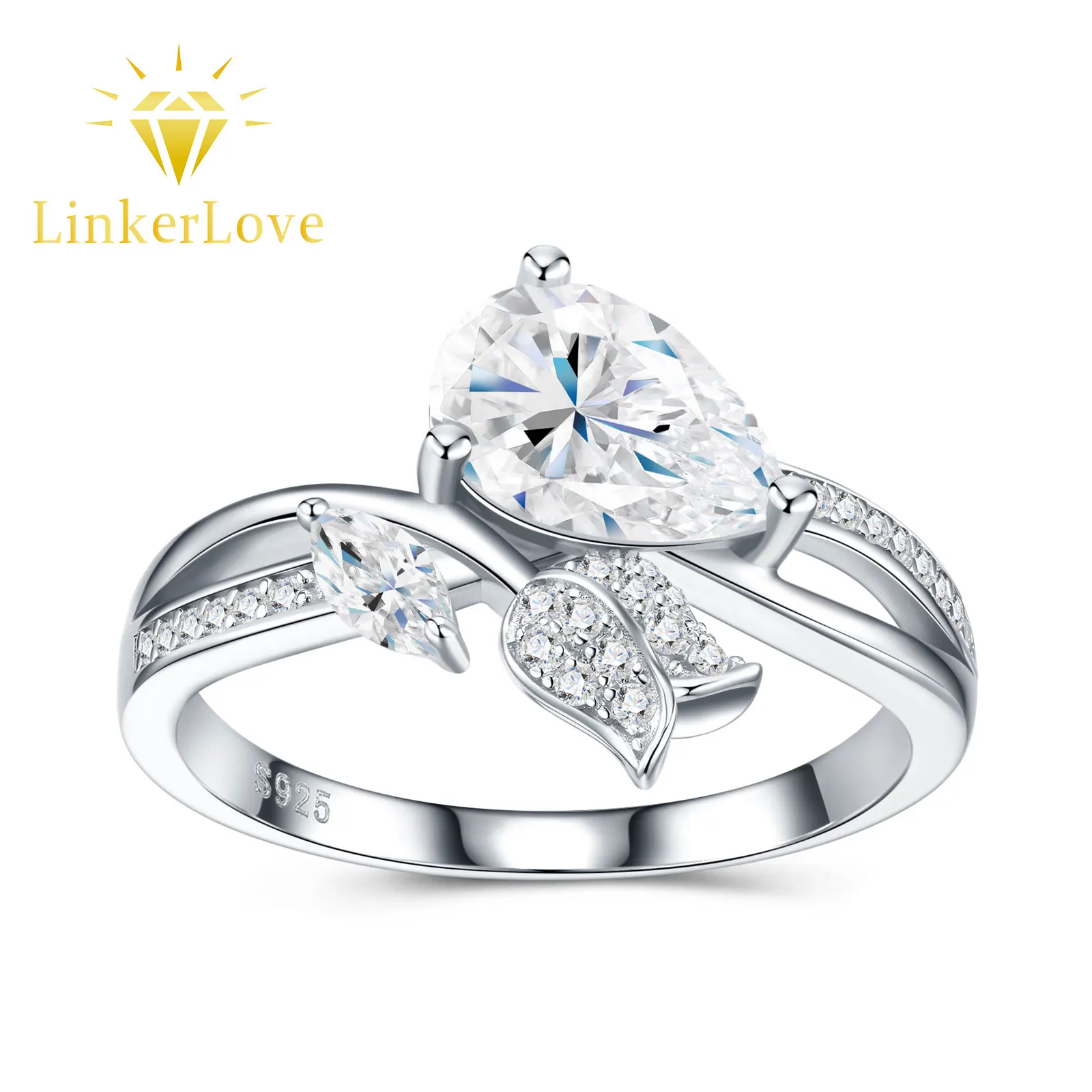 

LinkerLove S925 Sterling Silver Moissanite Flower Leaf Ring for Women 1.5CT Teardrop Diamond Vine Twist Band Party Fine Jewelry