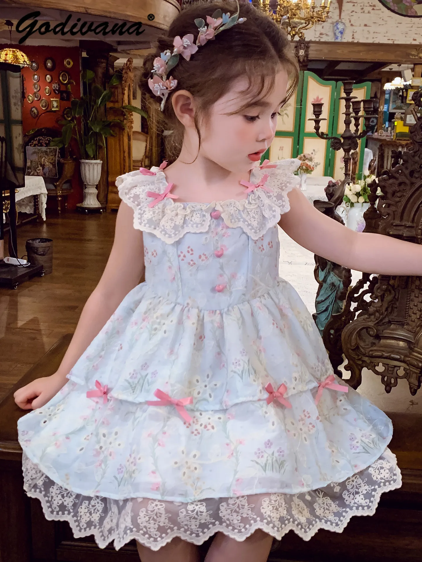 Sweet Baby Girls Summer 2026 New Sleeveless Floral Dress Kids Fashion Bow Lace Trim Seaside Vacation Cotton Casual Sundress