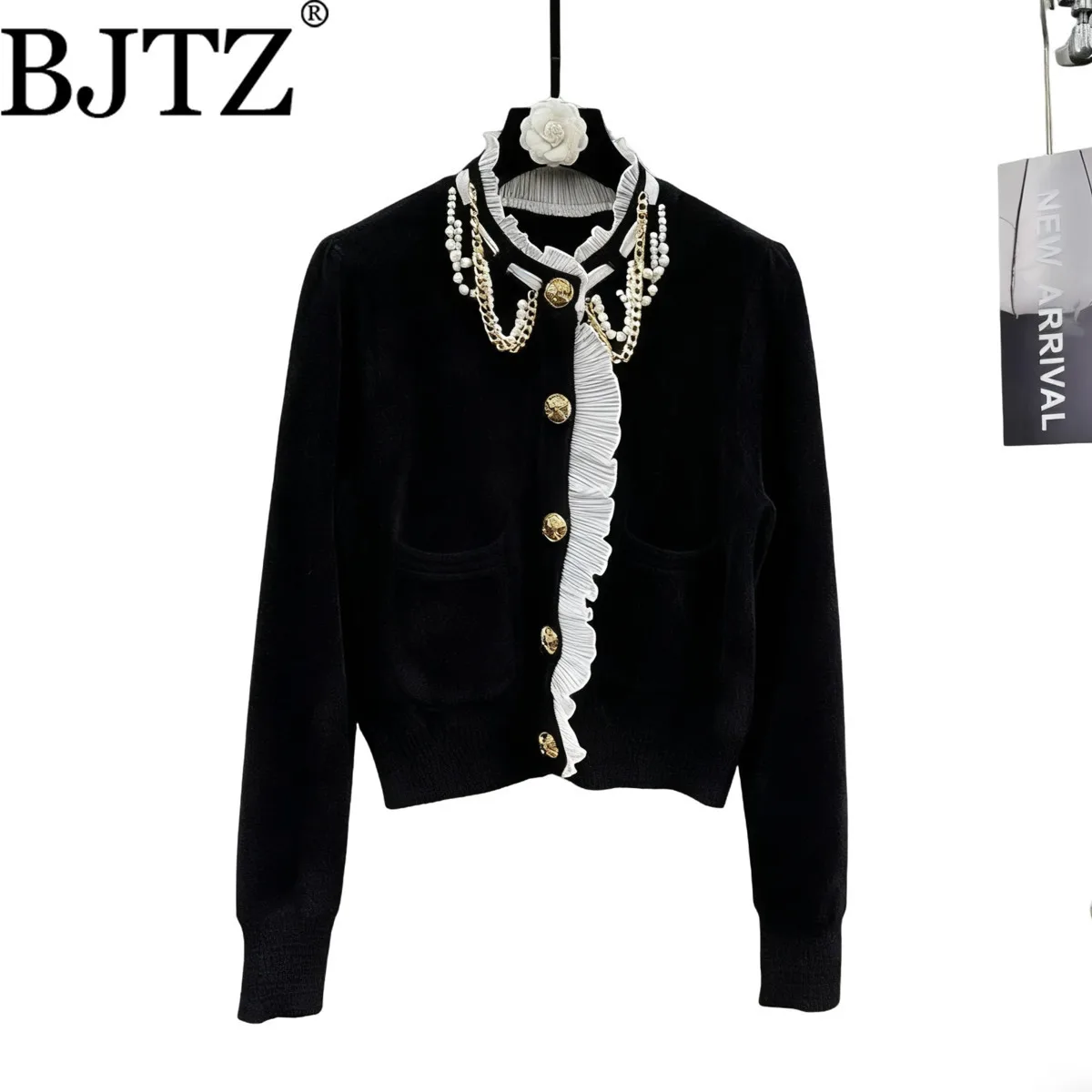 

BJTZ 2025 Winter Short Beaded Lace Chain Metal Buckle Knit Cardigan Designer Elegant Premium Comfort Minimalist Luxury Casual