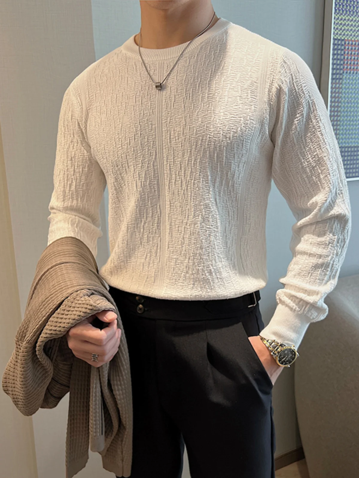 

Цветной вязаный свитер мужской с длинным рукавом и круглым вырезом, весенне-осенний, высококачественный, модный базовый джемпер для молодежи