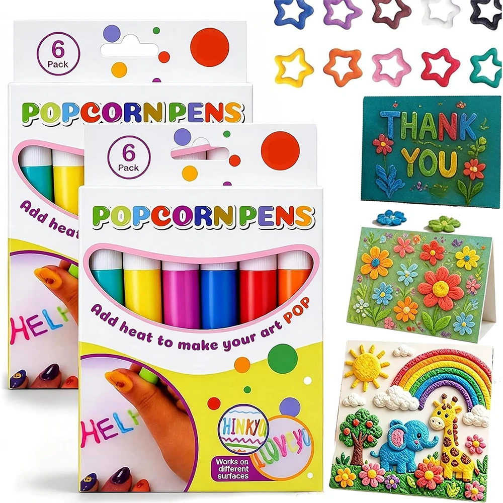 1-6 Boxes Popcorn Pens 3D Bubble Art Drawing Pen DIY Puffy Pen Children Creative Drawing for Handmade Cards School Art Projects