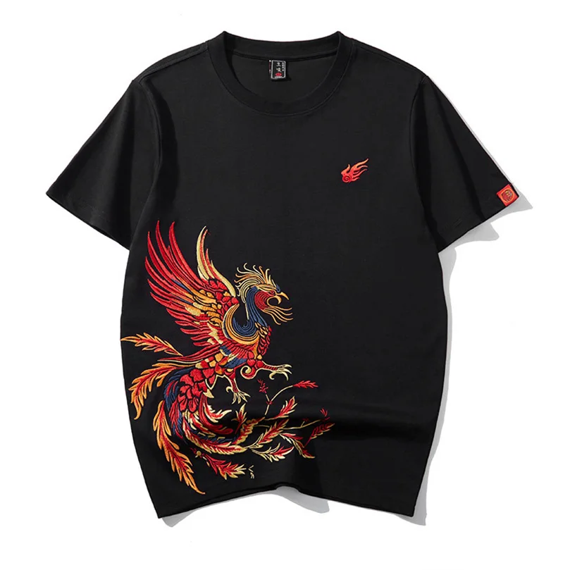 

New Heavy Embroidery Phoenix Short-Sleeved T Shirt Men Crew Neck National Tide T-Shirt Half-Sleeved Summer Chinese Style