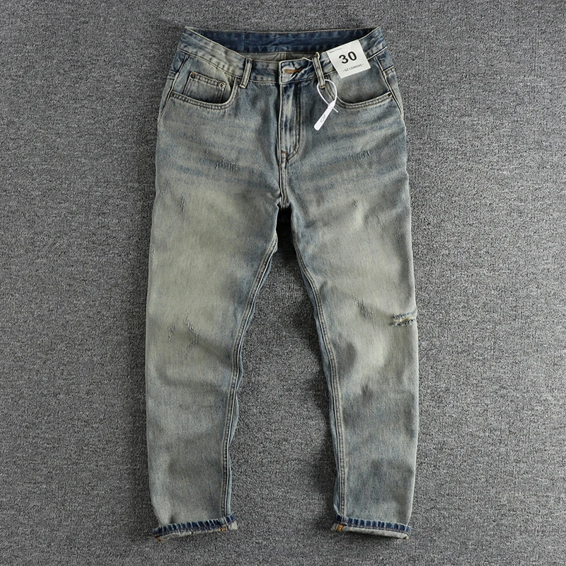 

Spring and autumn new wash to do old simple broken cat beard jeans men loose straight leg retro trend pants