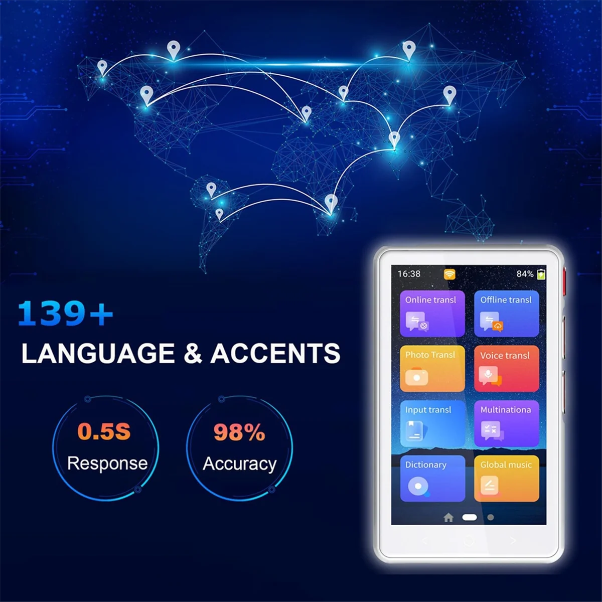 

Reliable-139 Language Translator 4 Inch Offline/Photo Translation Language Translator Two-Way AI Voice Translator(White)