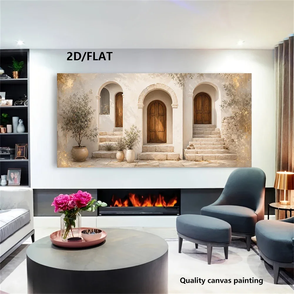 Frameless Canvas PaintingMediterranean-style Door Canvas Print, Rustic Stone House Wall Art, Greek Island Architecture, Neutral