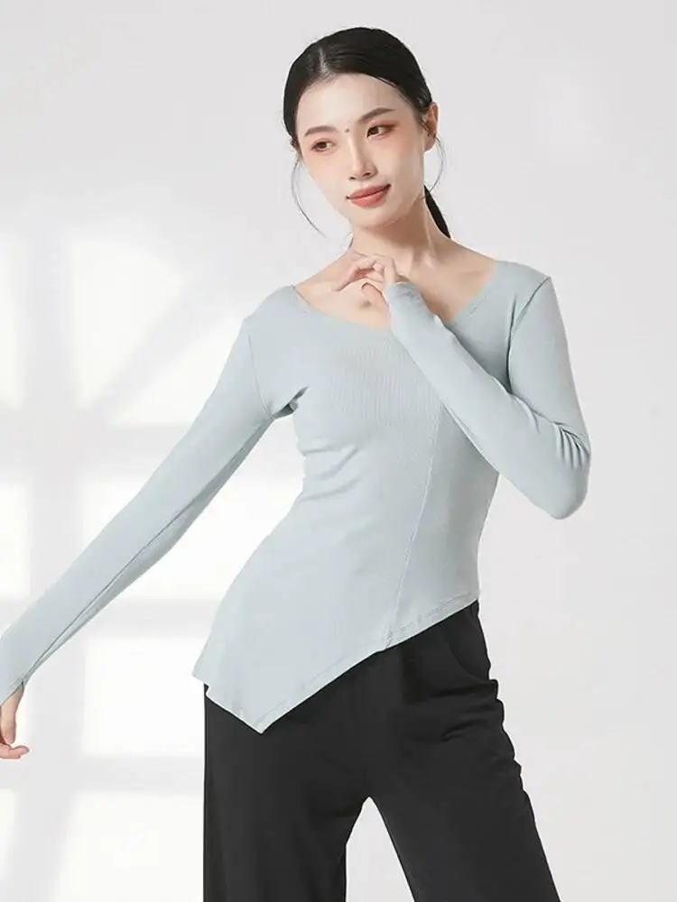 Einfarbiges, langärmliges, modernes Tanzoberteil mit V-Ausschnitt für Damen, dehnbares, schmal geschnittenes, zeitgenössisches Übungskostüm-Jazz-Shirt