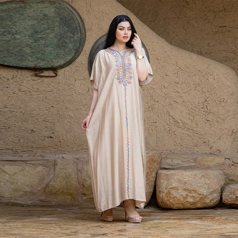 

Eid Ramadan Muslim Women's Embroidery abaya Maxi Dress Dubai Solid Fashion Kaftan Polyester Saudi Women Evening Morocco Islamic