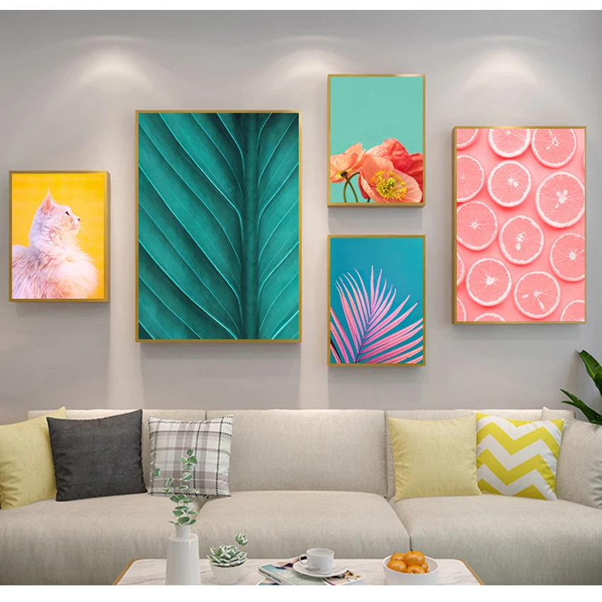 Colorful Pictures For Living Room Home Decor Tropical Plants Nordic s Palm Leaf Flower Orange Cat Wall Art Canvas Painting