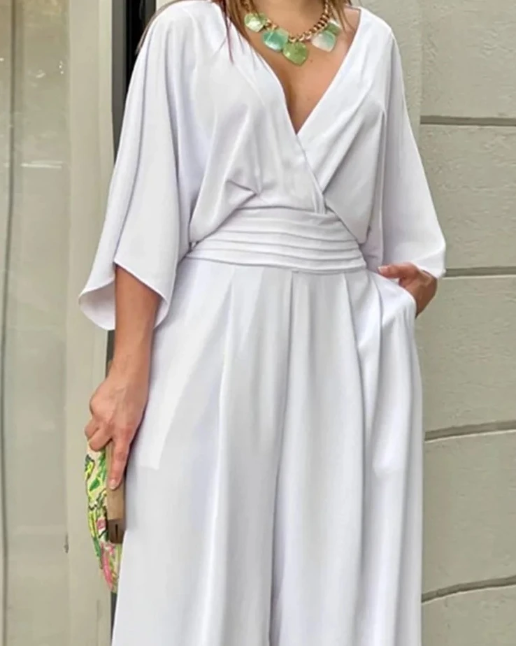 بدلة قفز بخصر على شكل حرف V للنساء لربيع الخريف أنيقة بلون سادة بدلة قفز جديدة فضفاضة غير رسمية للسيدات #4