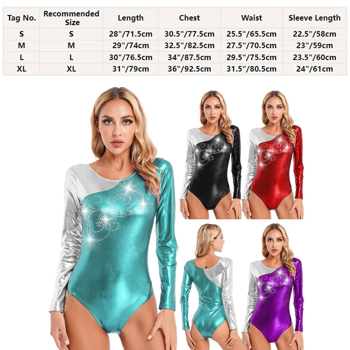 Women Rhinestone Long Sleeves Gymnastics Workot Bodysuit Bronzing Cloth Ballet Dance Leotard Jumpsuit Romper Skating Dancewear