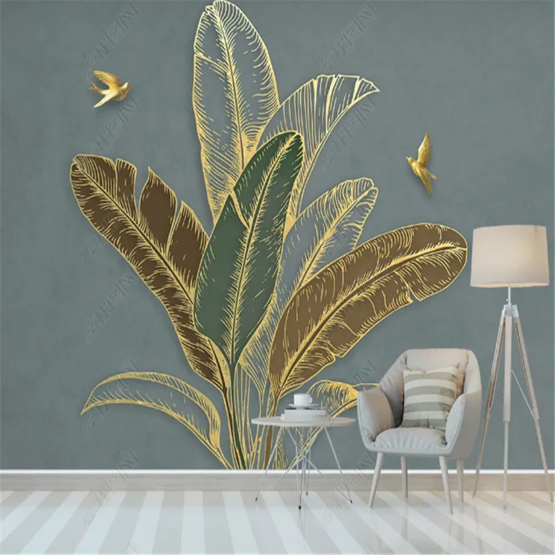 Minimalist Home Decor Wallpaper for Living Room Golden Lines Tropical Leaves Bedroom Background Wall Paper Mural Papel De Parede