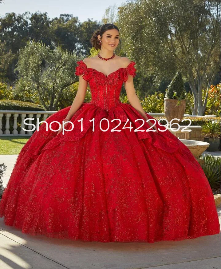 Vestidos Quinceanera com decote borboleta cintilante, espartilho vermelho com cordões, ombro, vestido de lantejoulas, 15