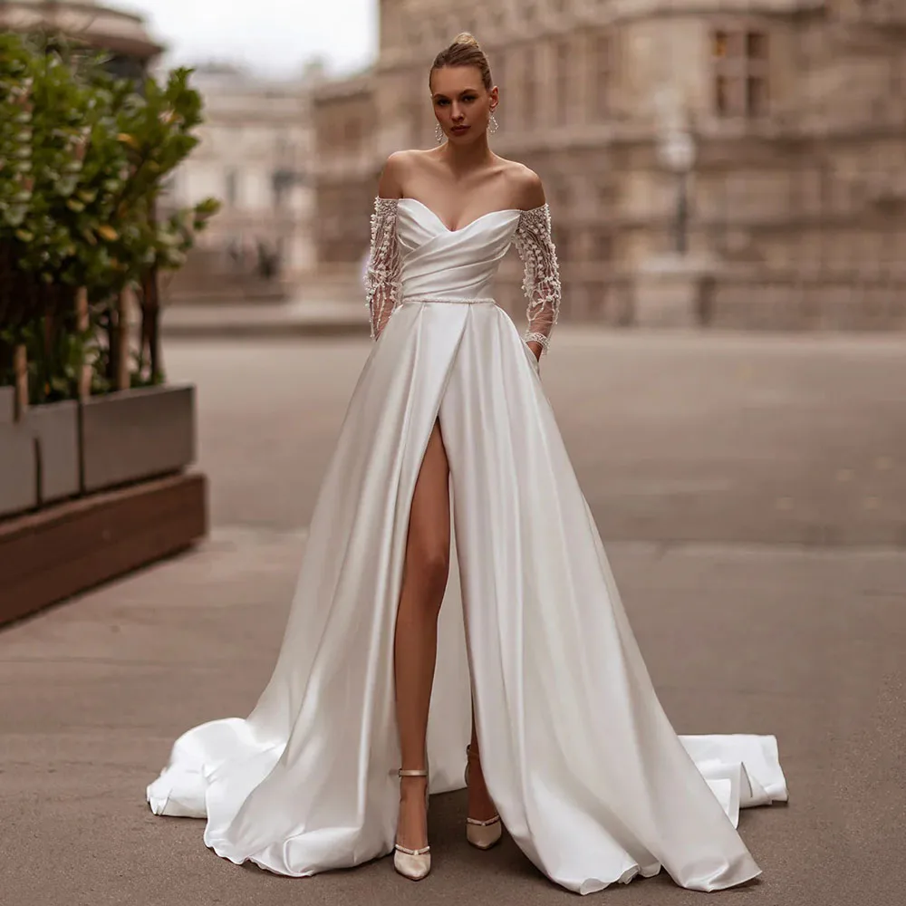 

Sexy Satin Wedding Dresses 2026 Off Shoulder Long Sleeve Slit Bridal Gown Beads Belt Formal Bride Dress Customized