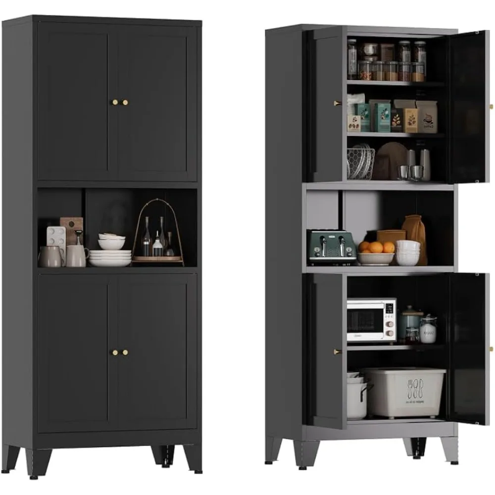 خزانة مخزن، خزانة مطبخ طويلة مع 4 أبواب وأرفف قابلة للتعديل، 69 خزانة تخزين سوداء قائمة بذاتها مع ميكروويف #1