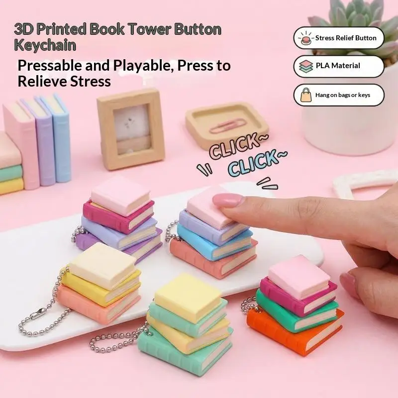 Mini Book Tower Clicker Fidget Keychain 3D Printed Stacked Book Stress Relief ASMR Sensory Toy For Adults Backpack Pendant Charm