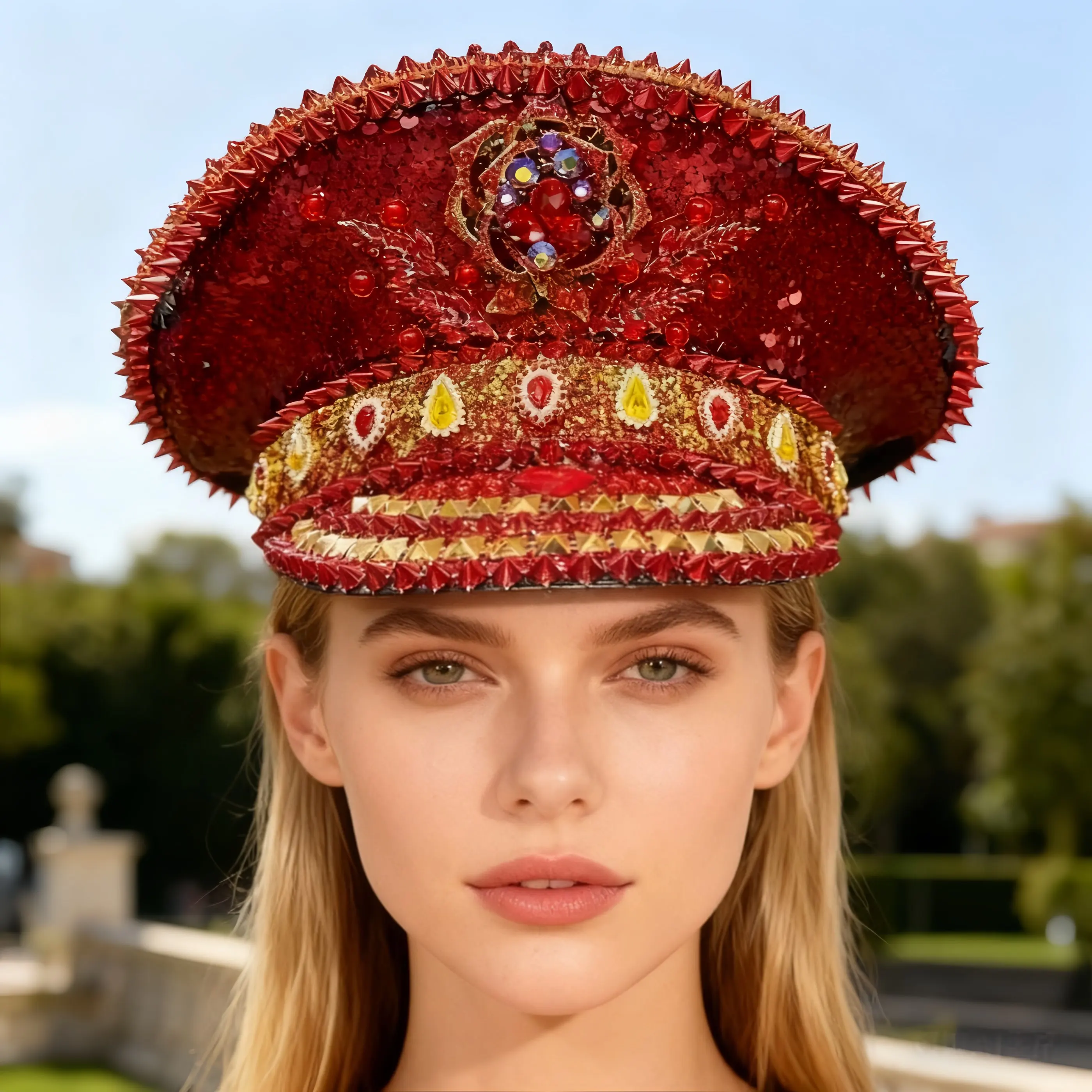 HongLuan Red Captain Hats Rhinestone for Burning Man Festival Woman, Halloween Costume Hat Adult, Cosplay Female Accessories