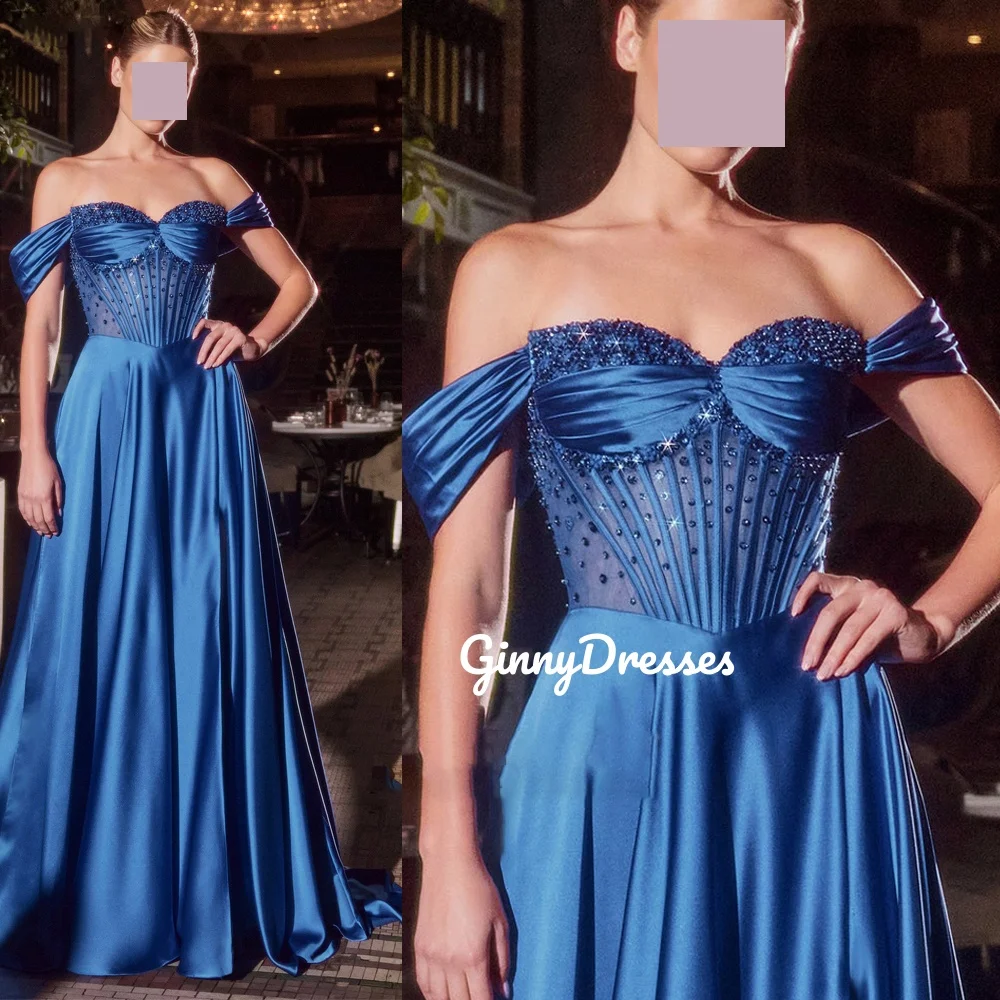 

Вечерние платья Роскошные синие платья трапециевидной формы с открытыми плечами длиной до пола на молнии Вечерние платья с короткими рукавами и рюшами Vestidos