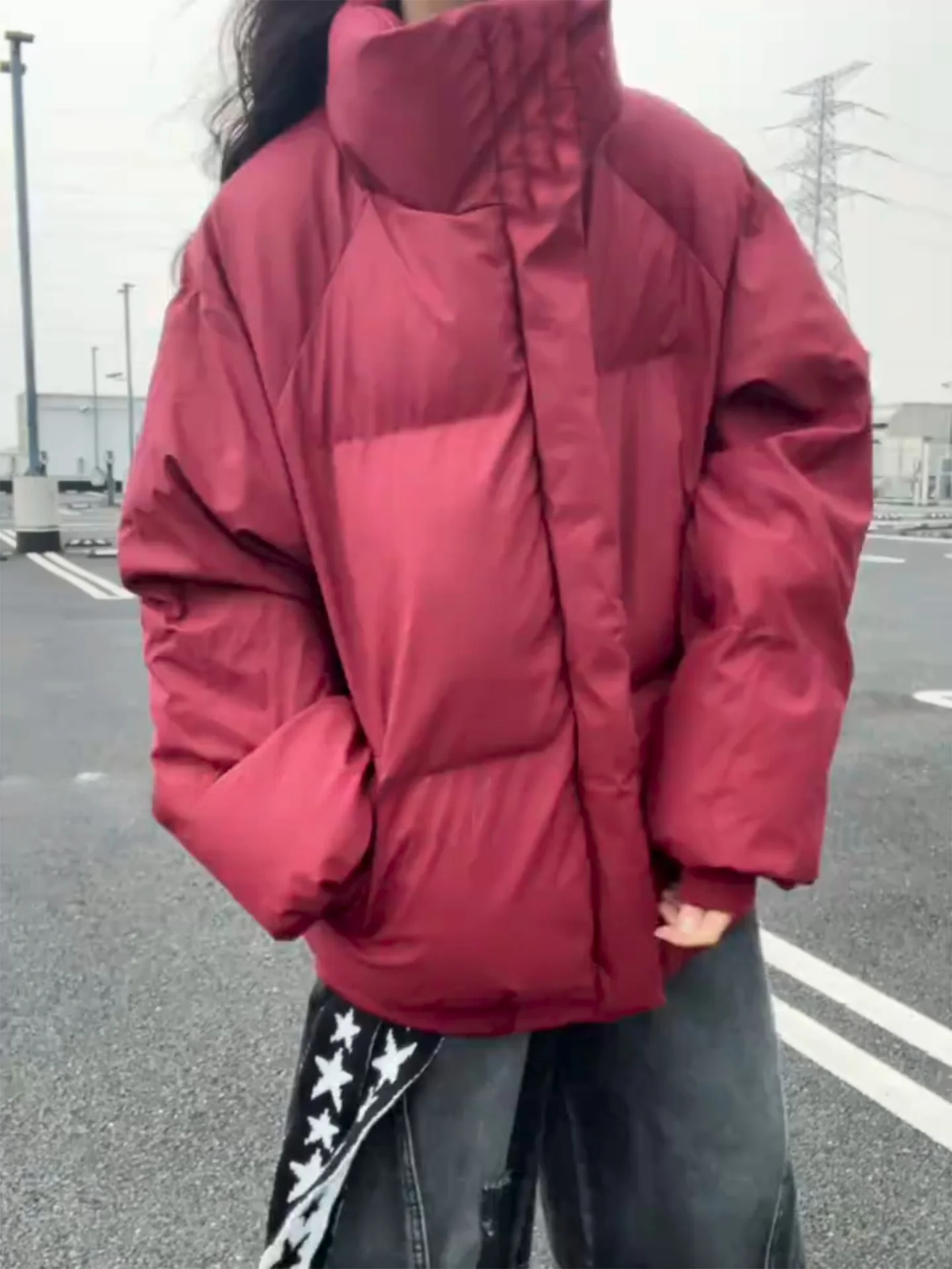 Red Wine Color Stand Collar Hard Leather ort Cotton Jaet Men's Winter Thi Warm Bread Sle Cleanfit American Coat