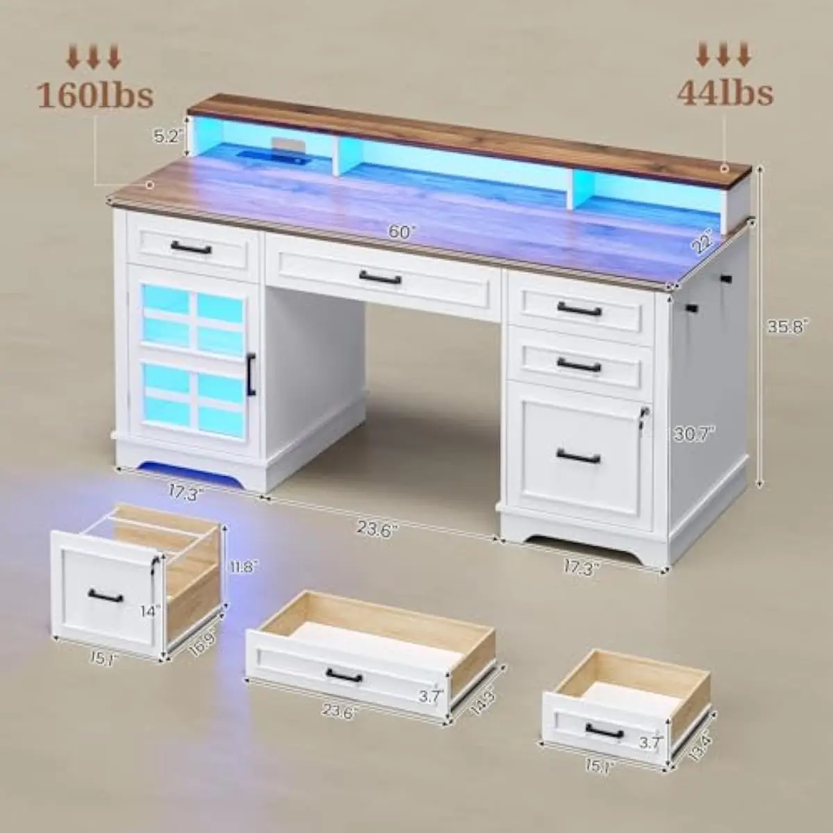 60 Inch Farmhouse Style Executive Desk Featuring RGB LED Lighting System Controlled by App or Music Sync, Built-In Power Hub wit