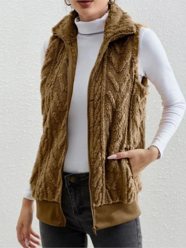 

Fashion Plush Cardigan Vest For Women Casual Zipper Lapel Pocket Solid Color Warm Women's Vest Coat Female Streetwear 2025