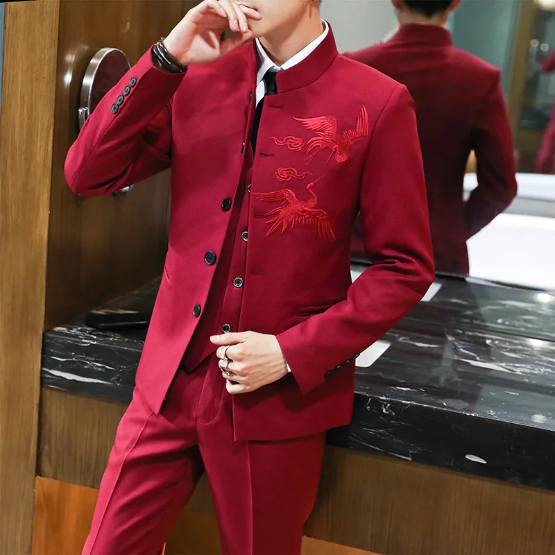 Fashion Crane Embroidery Stand Collar Men\'s Casual 3 Pcs Suit Set Male Jacket Groom Wedding Dress Blazers Dress Trousers Vest