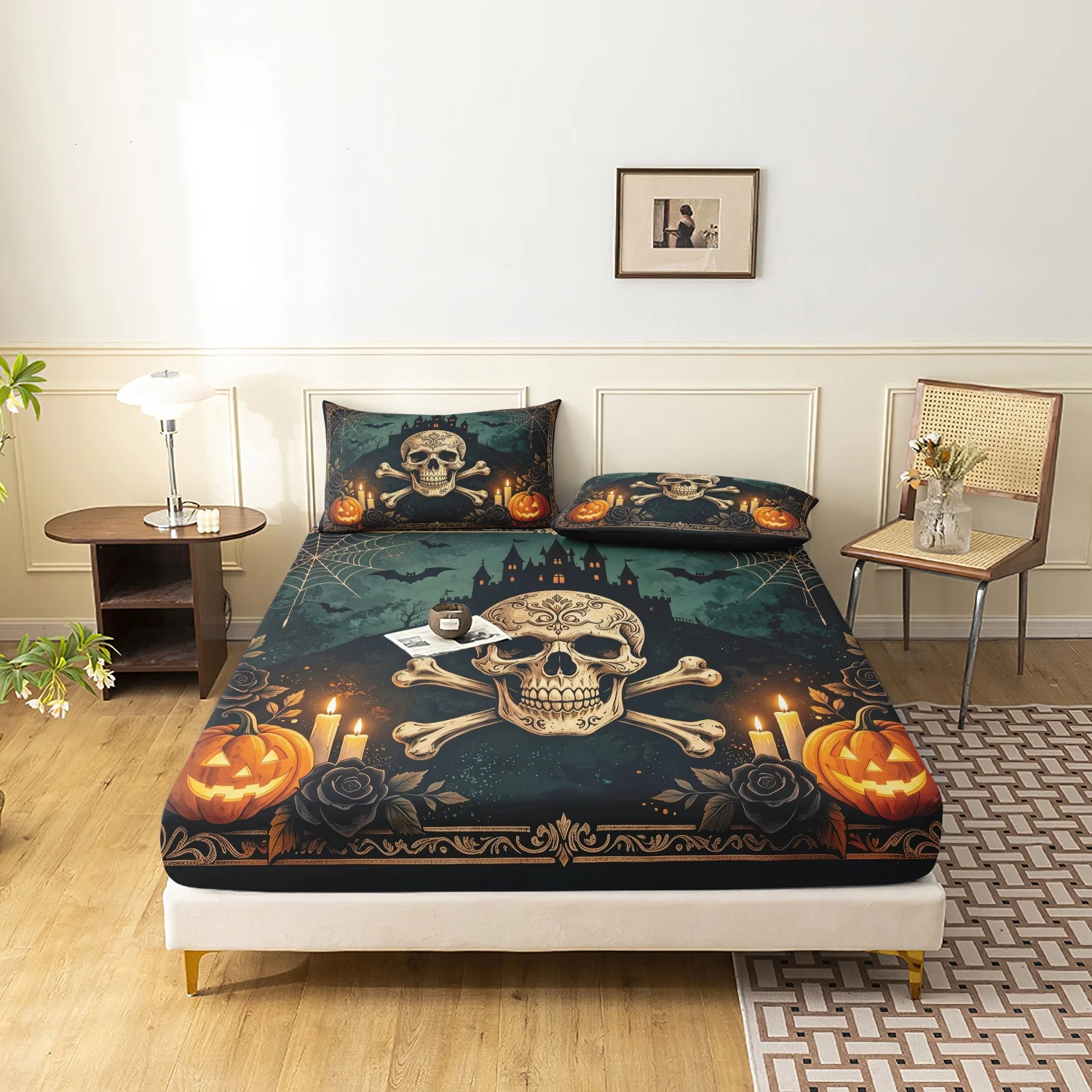 3Pcs Horror Haunted Castle Halloween Print Fitted Sheet Set, Vintage Carved Skull Pumpkin Rose Candle Print Bedding