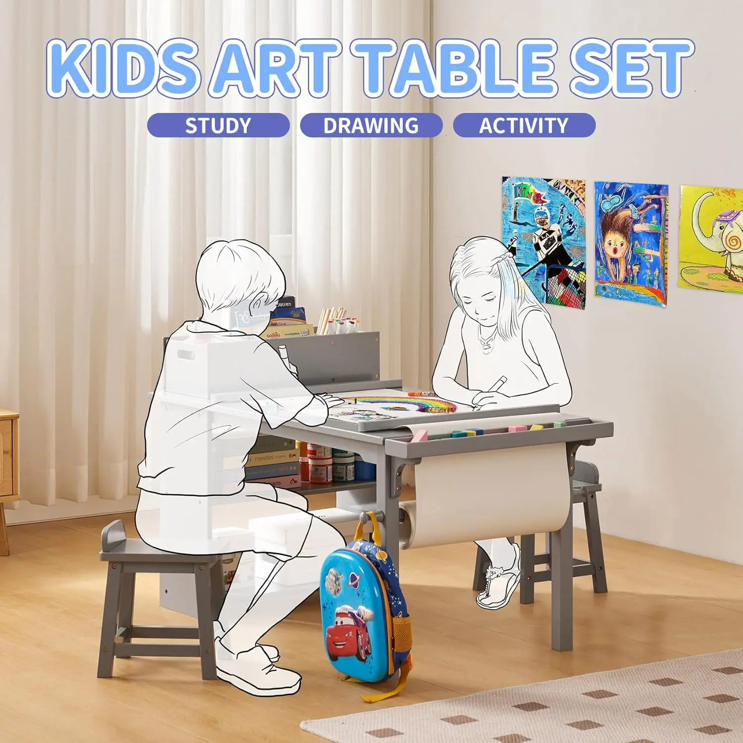 Drawing and Art Table & Chair Set for Toddlers - Portable Craft Supplies Organizer and Storage Shelves, Canvas Bins