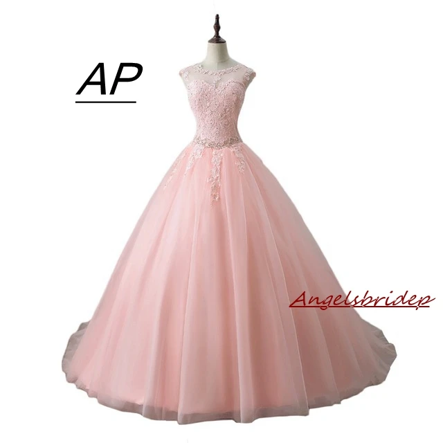 

ANGELSBRIDEP Pink Quinceanera Dress Vestidos De 15 Anos Sheer Neck Applique Hollow Back Celebrity Party Gown Corset Back