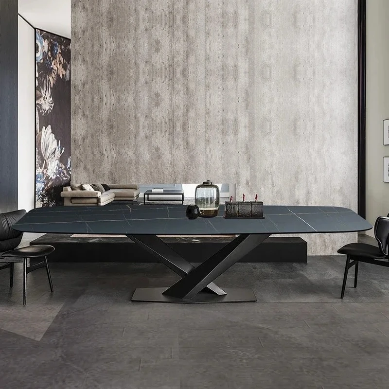 

Italian imported rock slab dining table and chair combination restaurant light luxury rectangular designer dining table2005