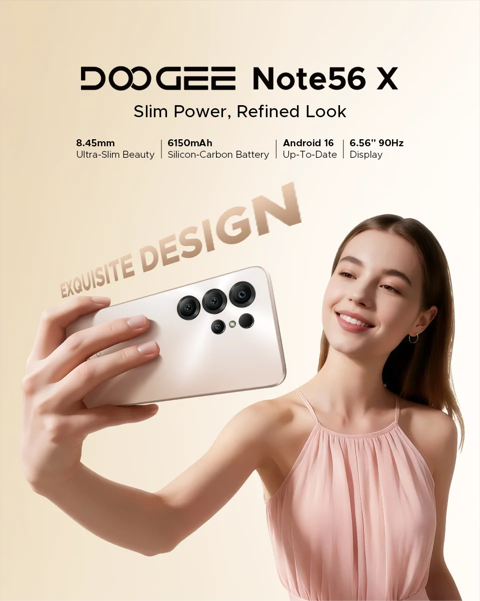 DOOGEE Note56 X Mobile Phone 8.45mm Slim Body 6.56" 90Hz Screen Android 16 6150mAh Battery Al Scene Recognition Smartphone