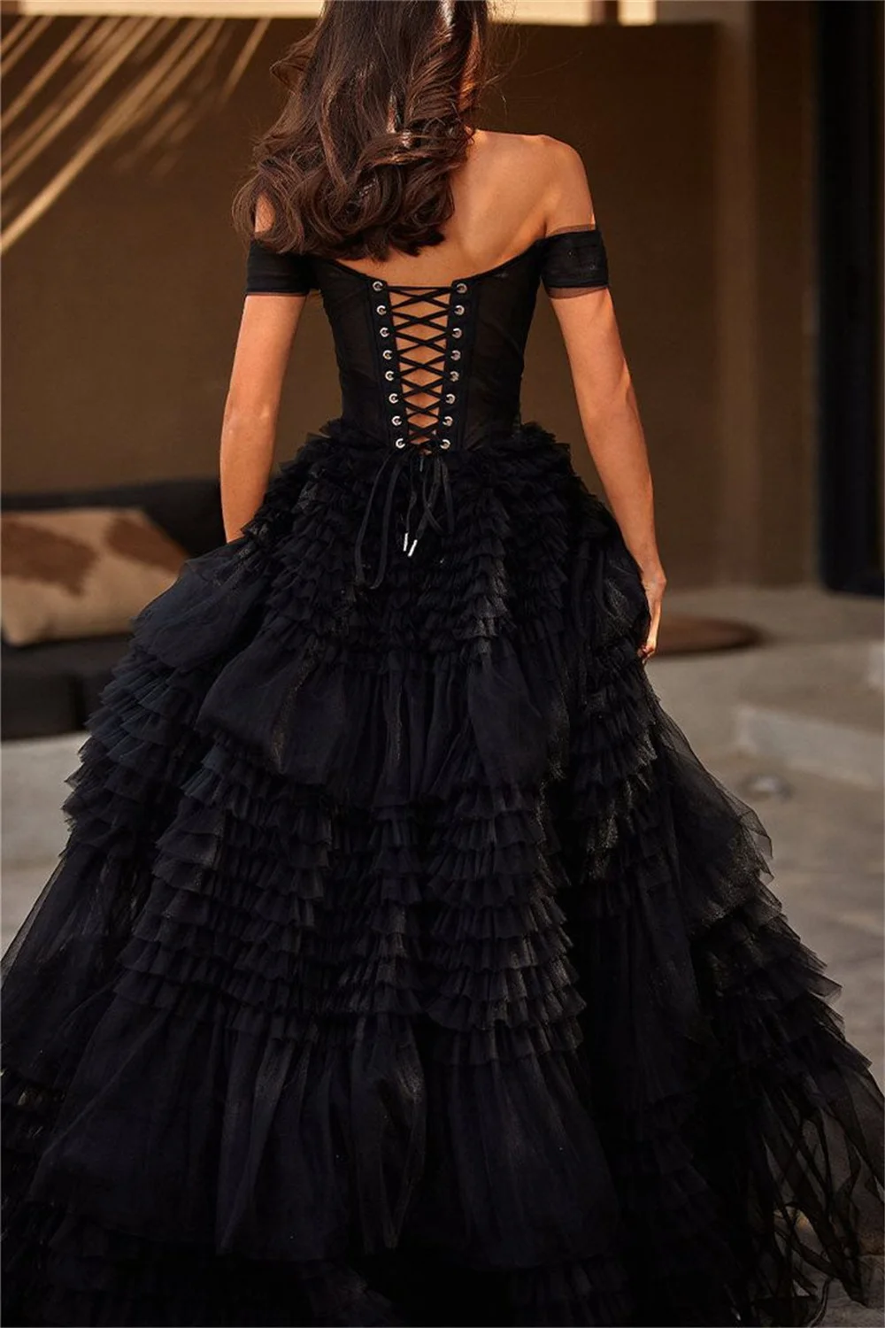 Sansa Sexy Off Shoulder Prom Dress Black Multilayer فستان حفلات الزفاف Luxury Ball Gown Tulle Puffy Robes De Soirée