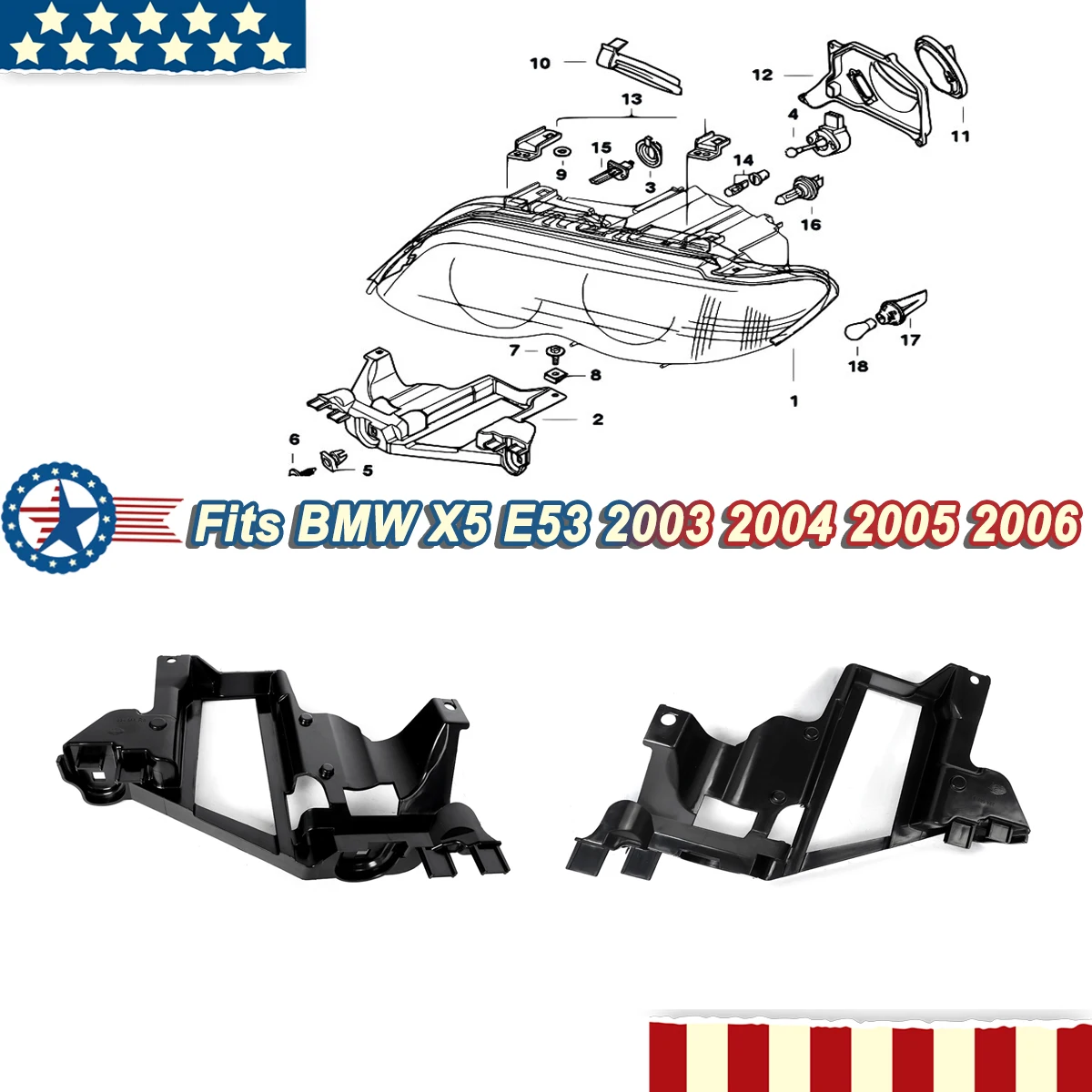 

Front Bumper Headlight Bracket Headlight Support Mount Bracket for BMW X5 E53 2003 2004 2005 2006 replace for 63126927797