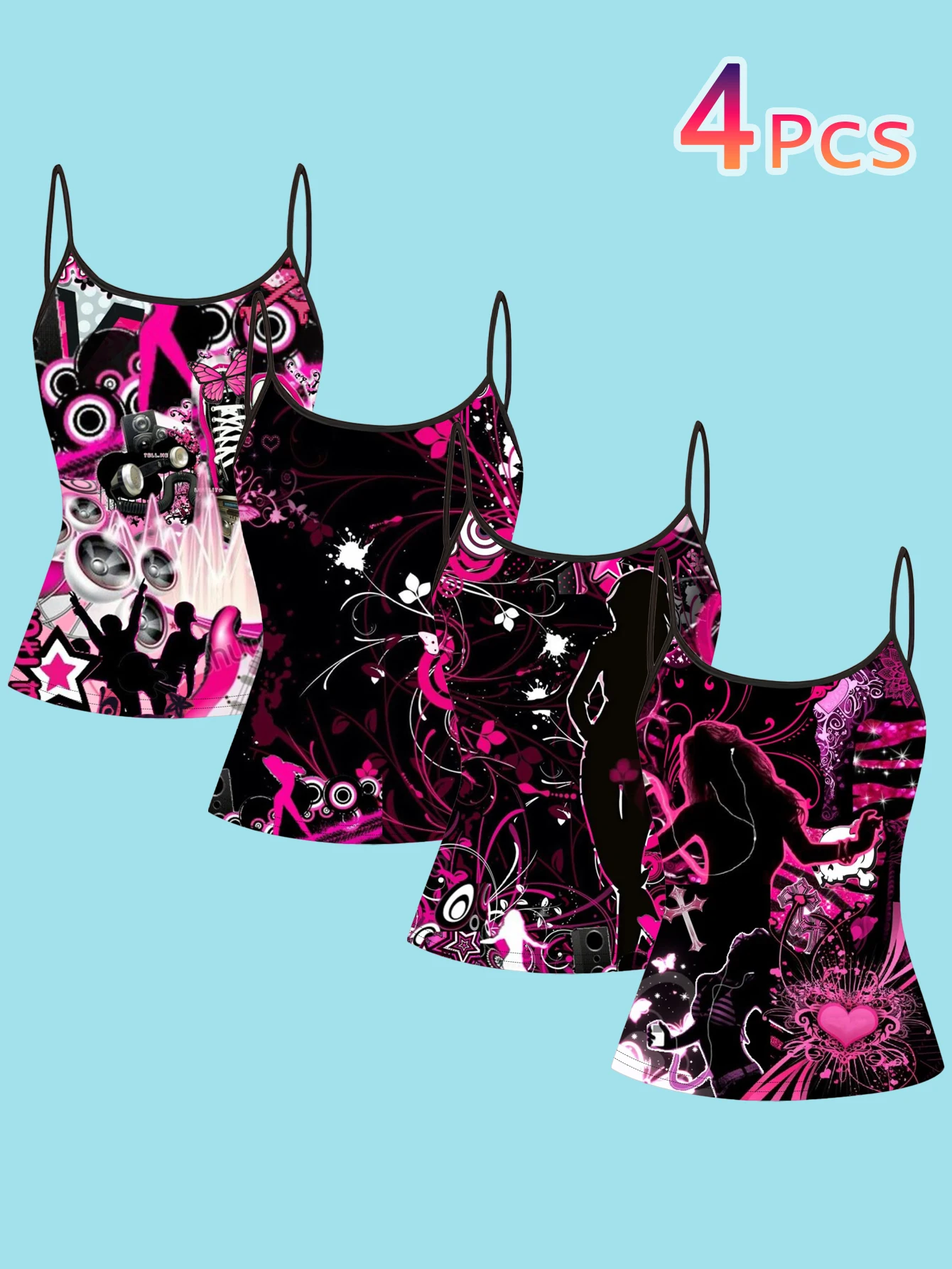 4-Piece Set of Black and Pink Y2K Rock Style Printed Camisoles for Women, Featuring Audio Silhouette Punk Slim-Fit Spaghetti Strap Tops