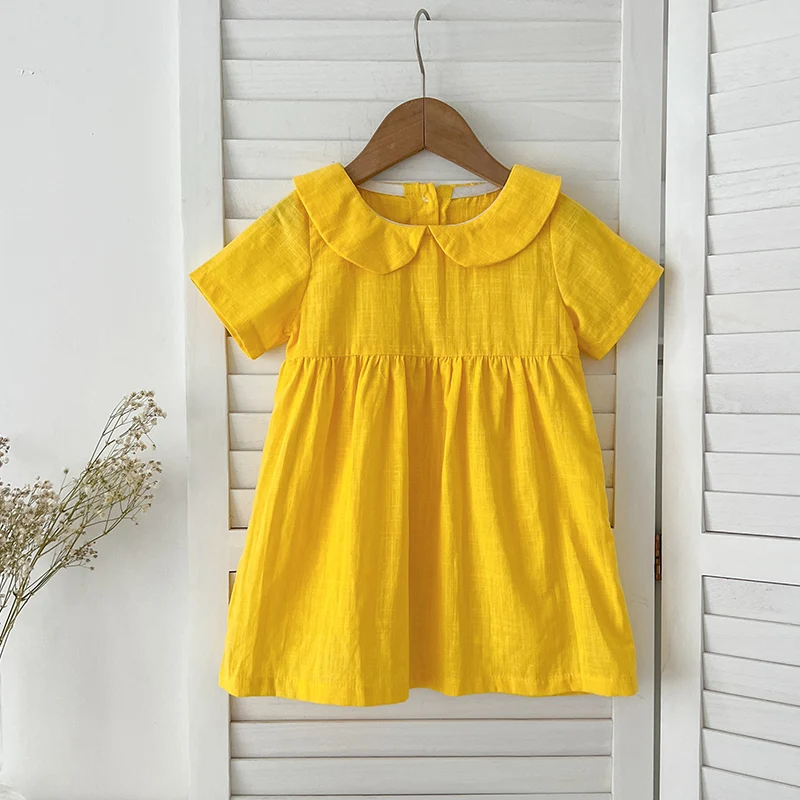 Baby Girl Clothing Summer Toddler Girl Dress Casual Short Sleeved Cotton and Linen Material Versatile Solid Color Princess Dress