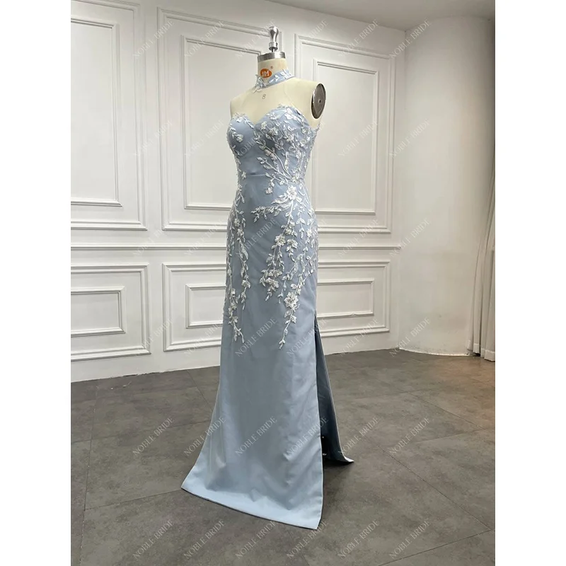 Manufacturer Women Halter Blue Cheongsam Chinese Traditional Beading Lace Appliqued Qipao Sweetheart Sexy Back Wedding Dresses