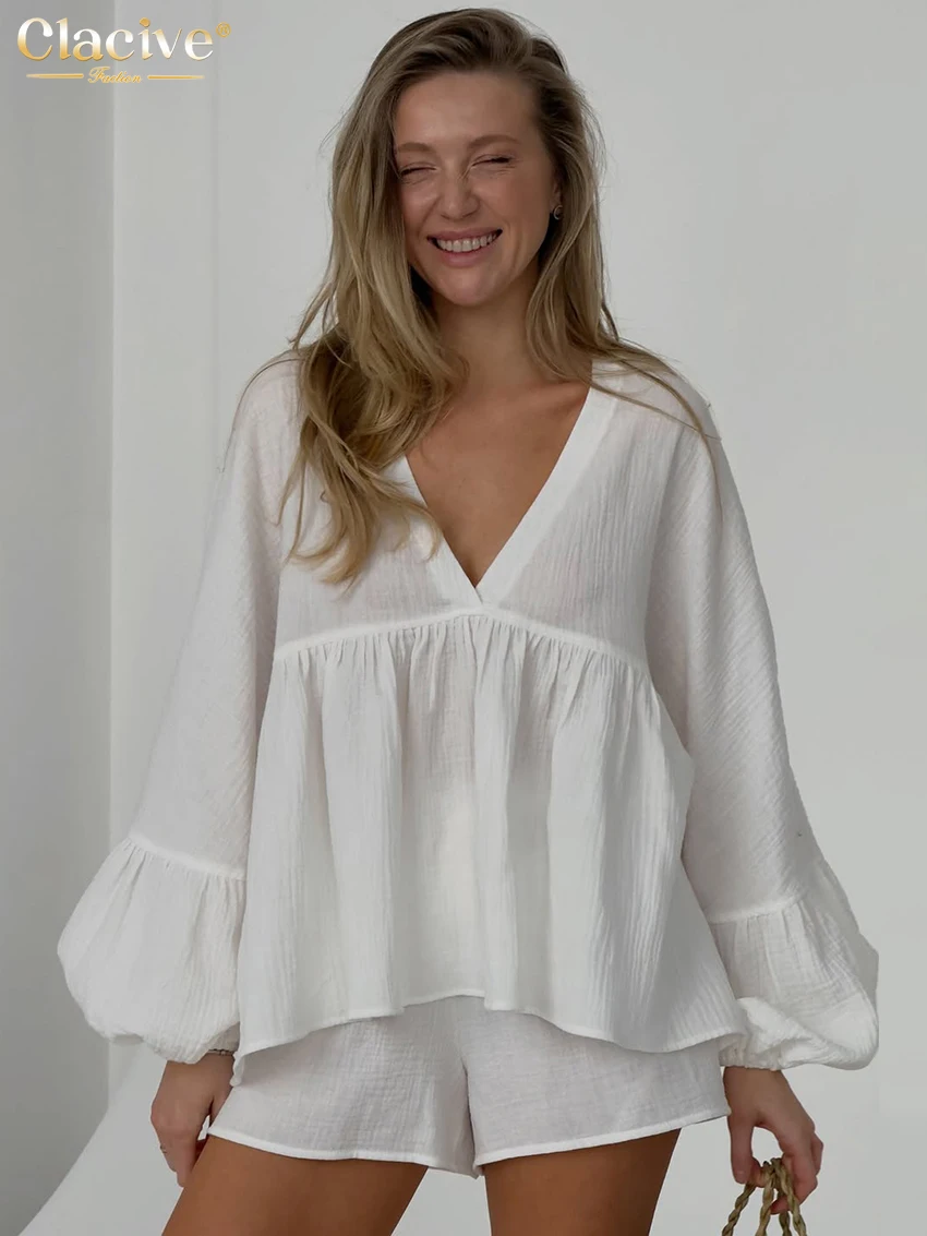 

Clacive Fashion Loose White Shorts Sets Woman 2 Pieces 2026 Elegant Long Sleeve Shirt With High Waist Shorts Set Female Clothing