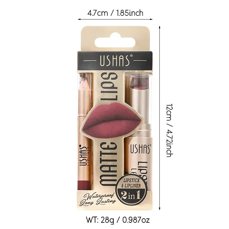 2 In 1 Lipstick Set Makeup Matte Lipstick & Lip Liner Pencil Waterproof Lasting Cosmetics Nude Brown Contour Tinted Lip Balm Kit