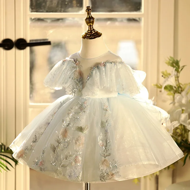 Kids Girls Round Neck Summer Dress Elegant Princess Baby Dresses Girl's Birthday Evening Dress Host Piano Performance Dress