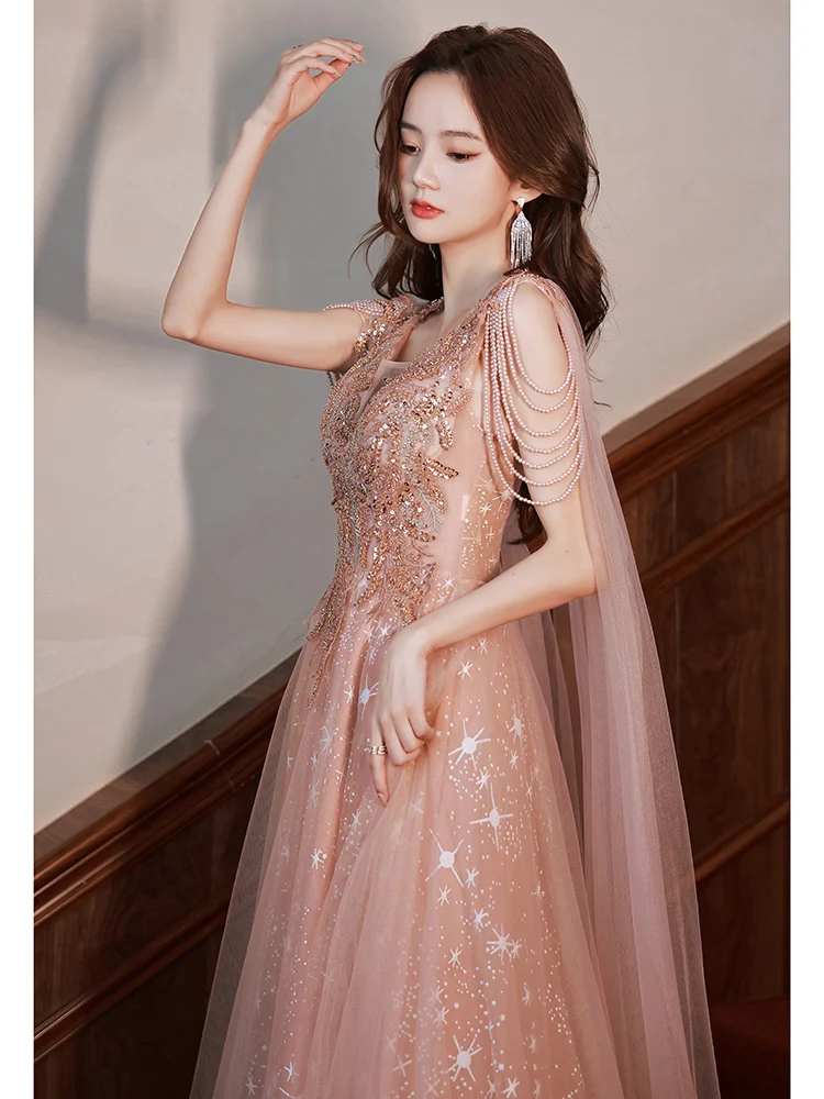 Robe de soiree V-Neck Luxury Mesh Shawl Evening Dress Female Light Banquet Temperament Host Party Prom Gown Vestidos De Gala