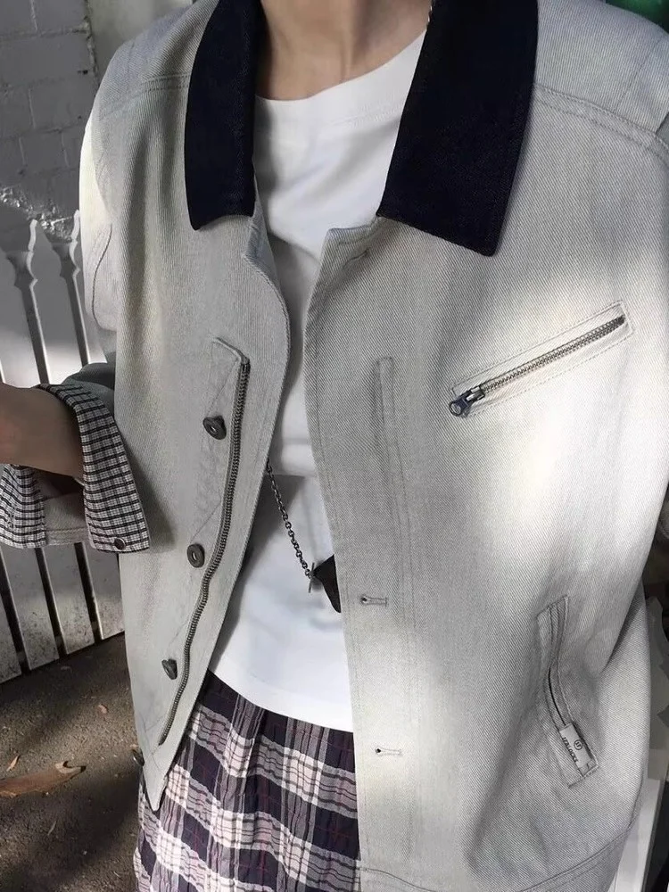 

Retro Color Blo Waed Denim Jaet Women's Loose Fit ort Coat Vintage Sle Long Sve Heavyweight Autumn New Arrival