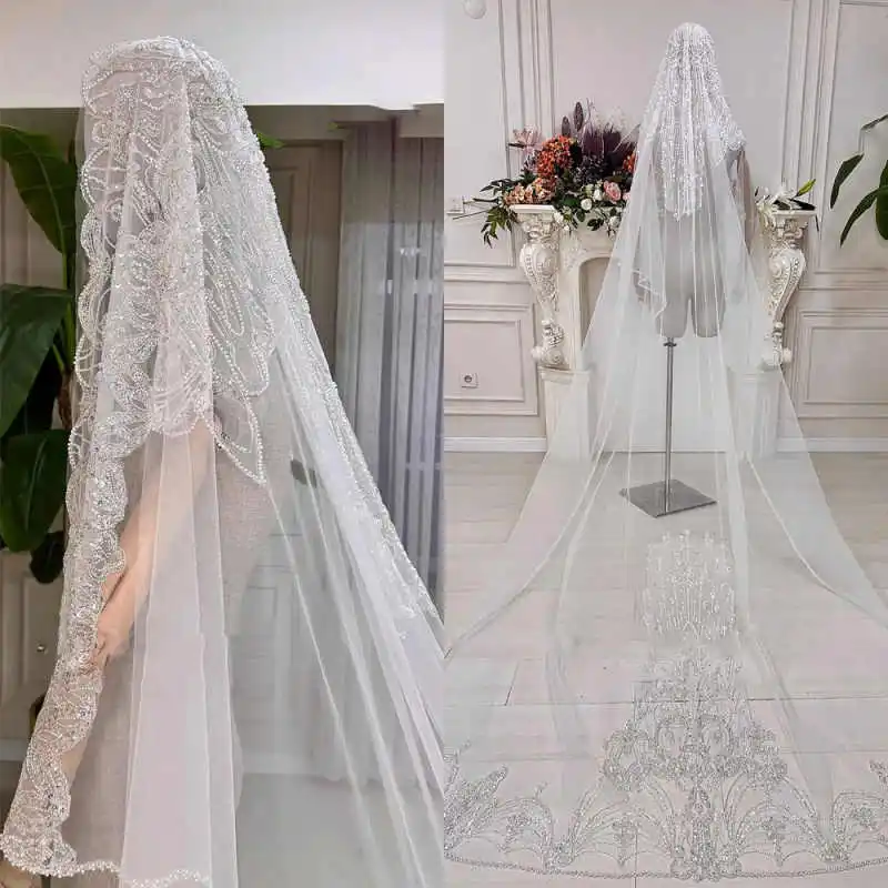 

Graceful Sequins Wedding Veils One Layer Long Cathedral Length Soft Tulle With Comb Beaded Bridal Veils Customized